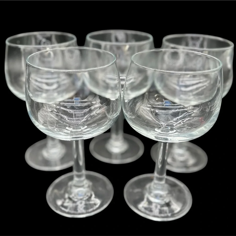 🍷 Vintage Set‎ of 5 Clear Stemmed Wine Glasses Coupe Goblets 🍷